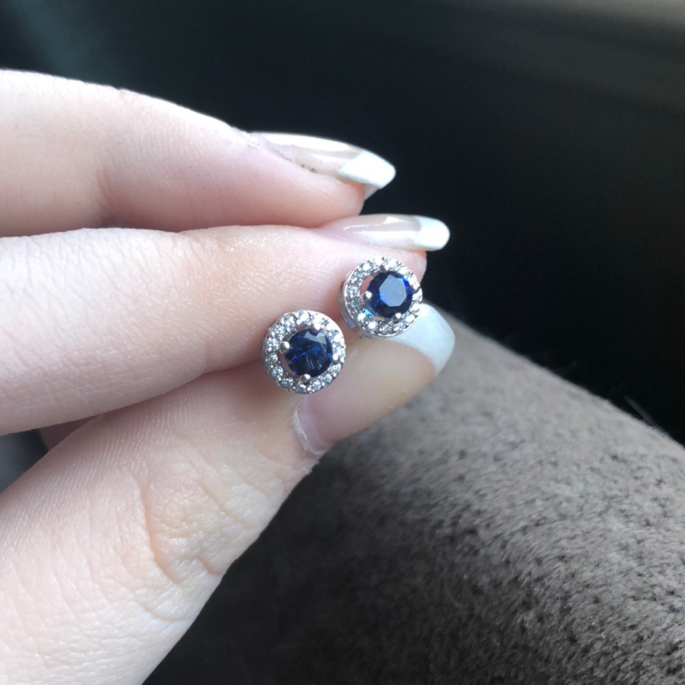 Created Blue Sapphire Sterling Silver Earrings